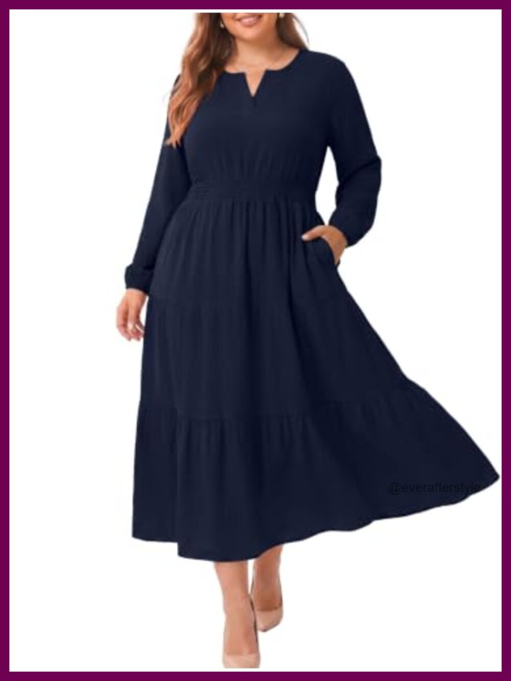Plus Size Maxi Dress Long Sleeve Tiered A-Line Smocked Waist Pockets